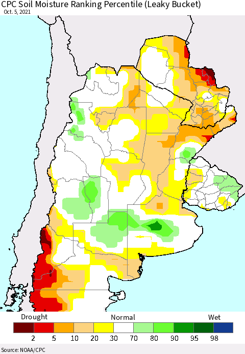 Southern South America CPC Soil Moisture Ranking Percentile Thematic Map For 10/1/2021 - 10/5/2021