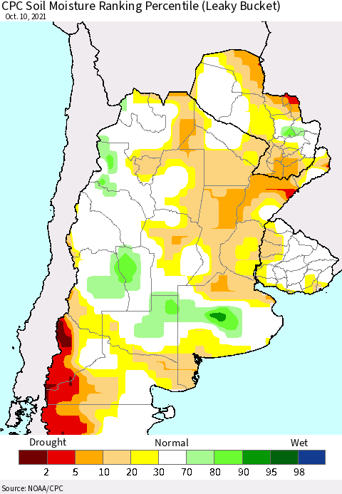 Southern South America CPC Soil Moisture Ranking Percentile Thematic Map For 10/6/2021 - 10/10/2021