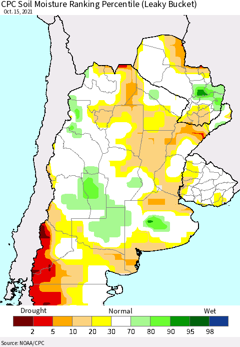 Southern South America CPC Soil Moisture Ranking Percentile Thematic Map For 10/11/2021 - 10/15/2021