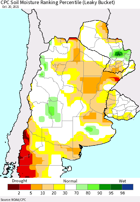 Southern South America CPC Soil Moisture Ranking Percentile Thematic Map For 10/16/2021 - 10/20/2021