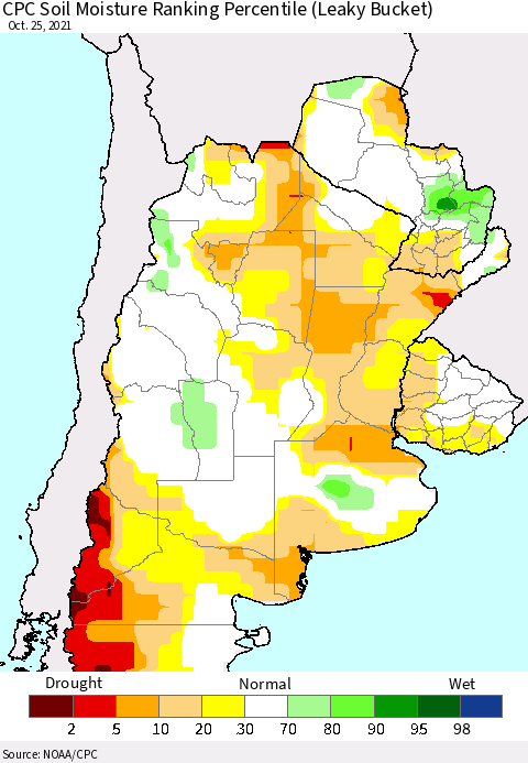 Southern South America CPC Soil Moisture Ranking Percentile Thematic Map For 10/21/2021 - 10/25/2021