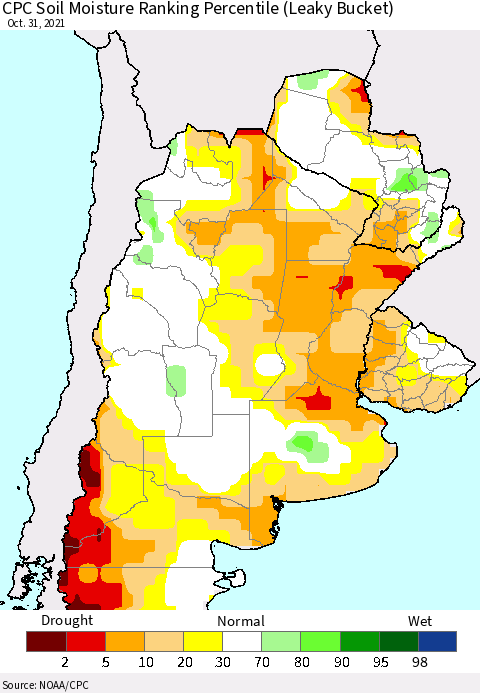 Southern South America CPC Soil Moisture Ranking Percentile Thematic Map For 10/26/2021 - 10/31/2021
