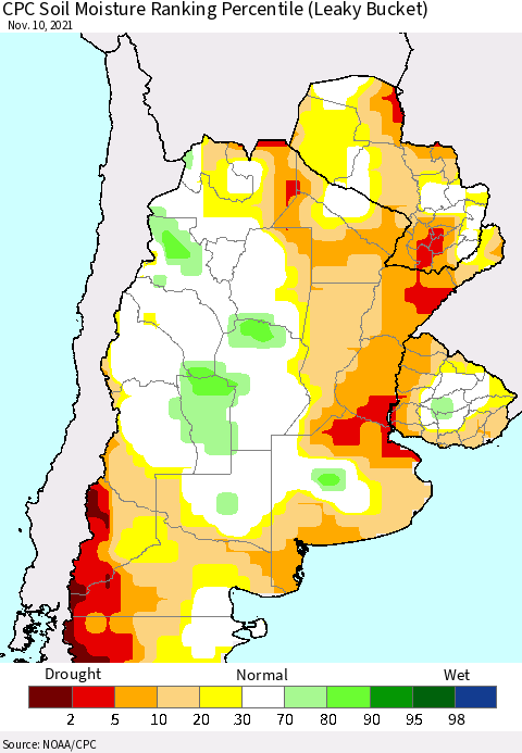 Southern South America CPC Soil Moisture Ranking Percentile Thematic Map For 11/6/2021 - 11/10/2021