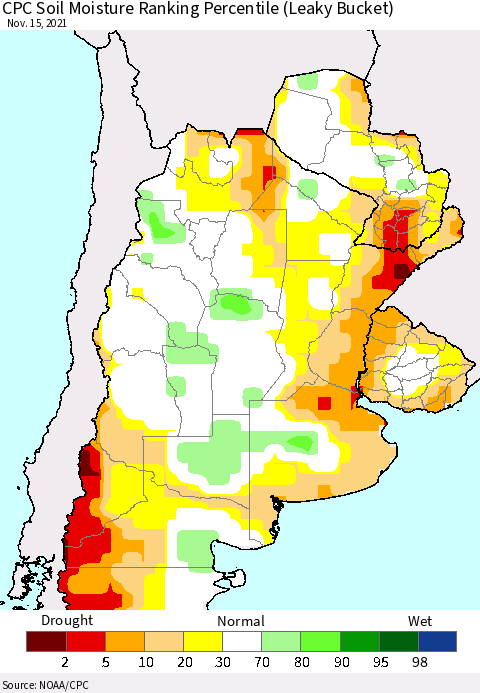 Southern South America CPC Soil Moisture Ranking Percentile Thematic Map For 11/11/2021 - 11/15/2021
