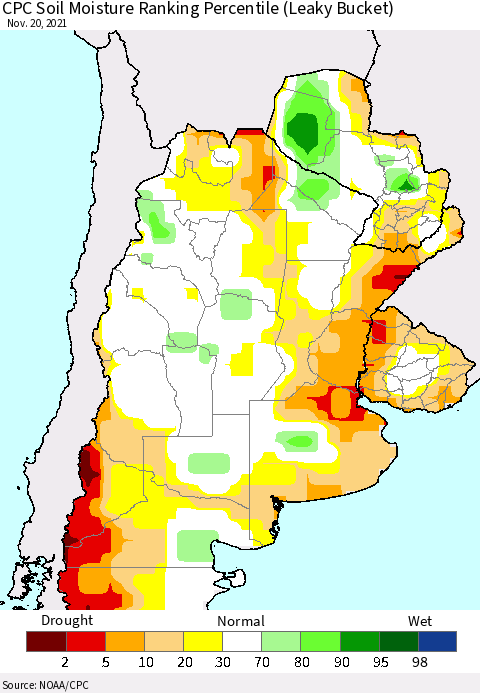 Southern South America CPC Soil Moisture Ranking Percentile Thematic Map For 11/16/2021 - 11/20/2021