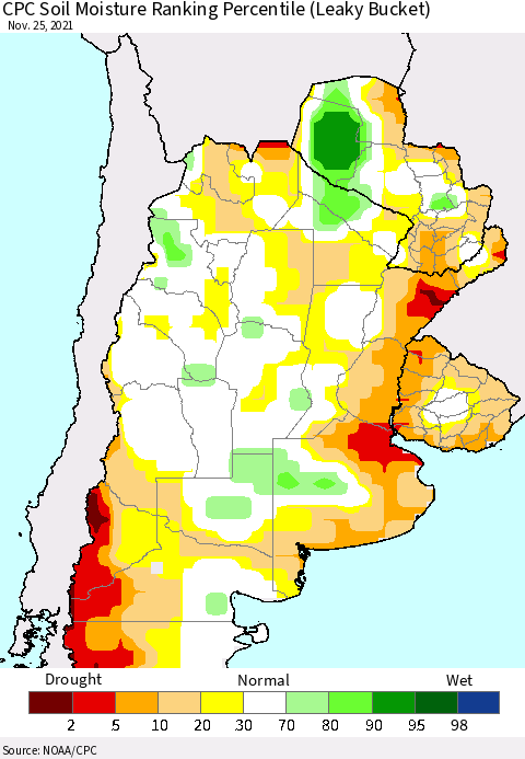 Southern South America CPC Soil Moisture Ranking Percentile Thematic Map For 11/21/2021 - 11/25/2021