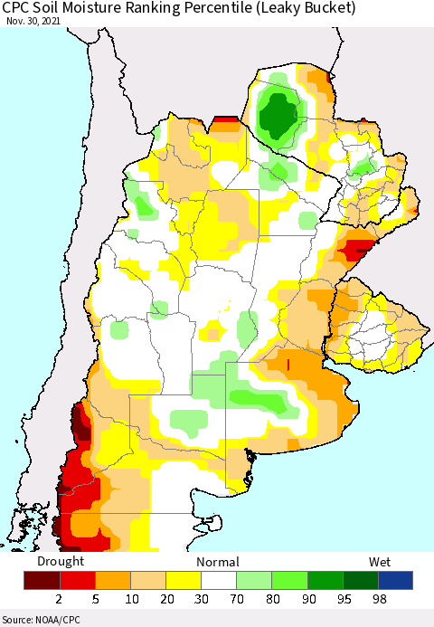 Southern South America CPC Soil Moisture Ranking Percentile (Leaky Bucket) Thematic Map For 11/26/2021 - 11/30/2021