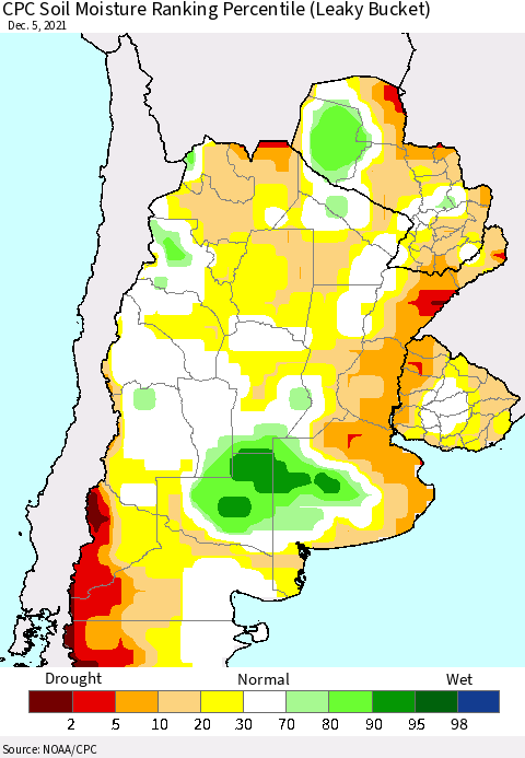 Southern South America CPC Soil Moisture Ranking Percentile (Leaky Bucket) Thematic Map For 12/1/2021 - 12/5/2021