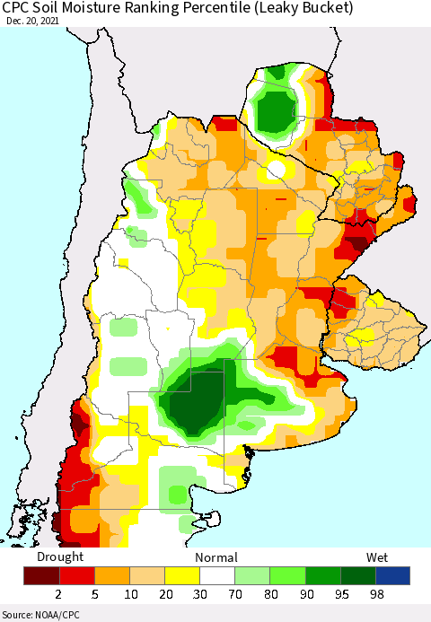 Southern South America CPC Soil Moisture Ranking Percentile Thematic Map For 12/16/2021 - 12/20/2021