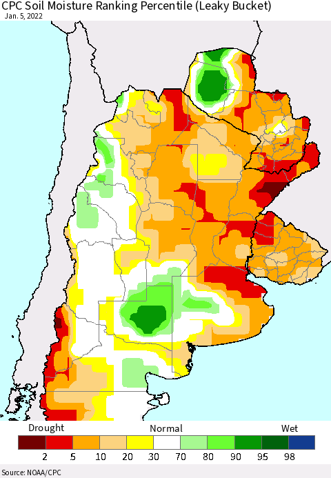 Southern South America CPC Soil Moisture Ranking Percentile Thematic Map For 1/1/2022 - 1/5/2022