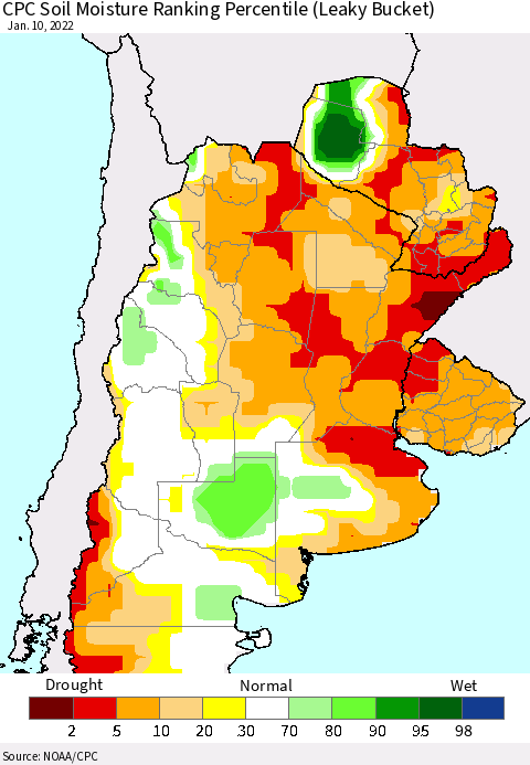 Southern South America CPC Soil Moisture Ranking Percentile Thematic Map For 1/6/2022 - 1/10/2022