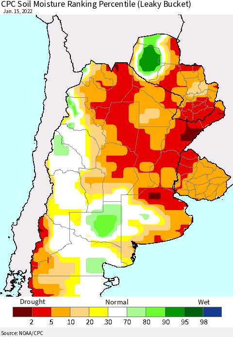 Southern South America CPC Soil Moisture Ranking Percentile Thematic Map For 1/11/2022 - 1/15/2022