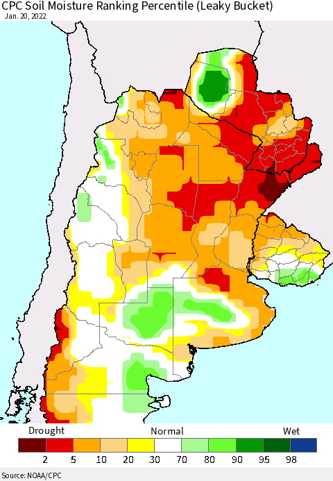 Southern South America CPC Soil Moisture Ranking Percentile (Leaky Bucket) Thematic Map For 1/16/2022 - 1/20/2022