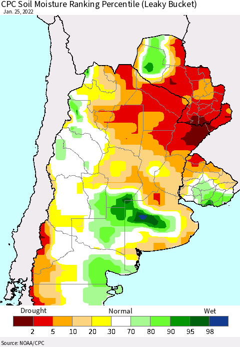 Southern South America CPC Soil Moisture Ranking Percentile Thematic Map For 1/21/2022 - 1/25/2022