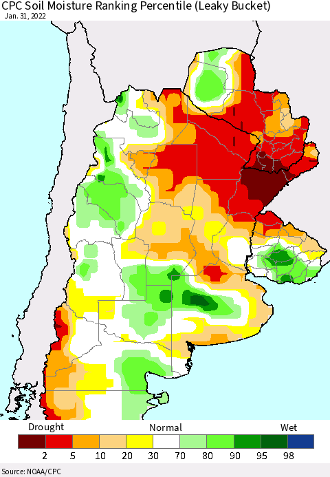 Southern South America CPC Soil Moisture Ranking Percentile (Leaky Bucket) Thematic Map For 1/26/2022 - 1/31/2022
