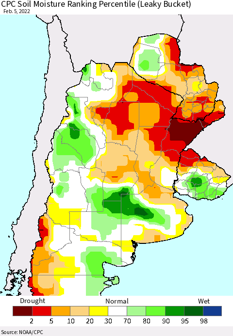 Southern South America CPC Soil Moisture Ranking Percentile Thematic Map For 2/1/2022 - 2/5/2022