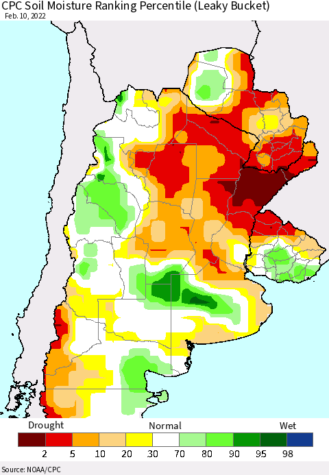 Southern South America CPC Soil Moisture Ranking Percentile Thematic Map For 2/6/2022 - 2/10/2022