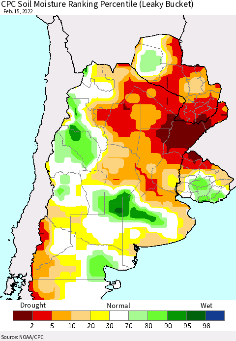 Southern South America CPC Soil Moisture Ranking Percentile (Leaky Bucket) Thematic Map For 2/11/2022 - 2/15/2022