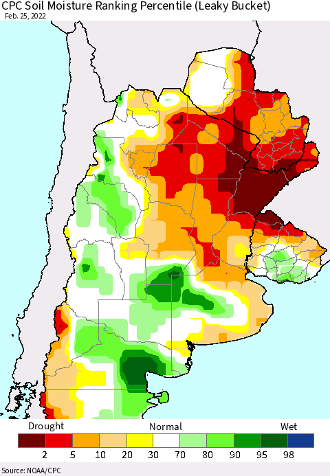 Southern South America CPC Soil Moisture Ranking Percentile Thematic Map For 2/21/2022 - 2/25/2022
