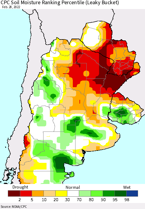 Southern South America CPC Soil Moisture Ranking Percentile (Leaky Bucket) Thematic Map For 2/26/2022 - 2/28/2022