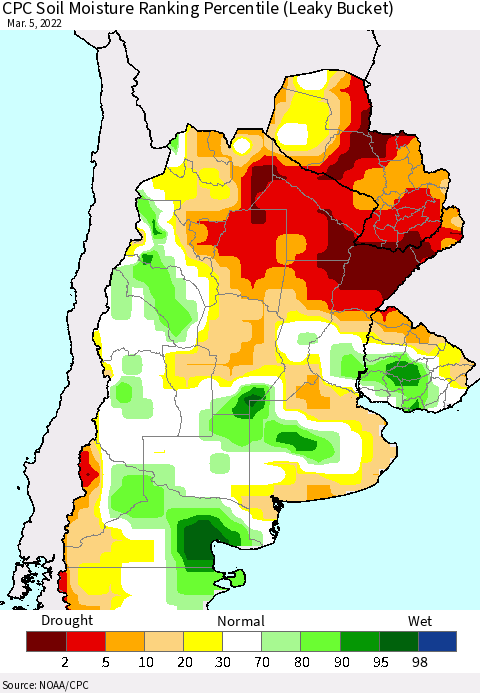 Southern South America CPC Soil Moisture Ranking Percentile Thematic Map For 3/1/2022 - 3/5/2022