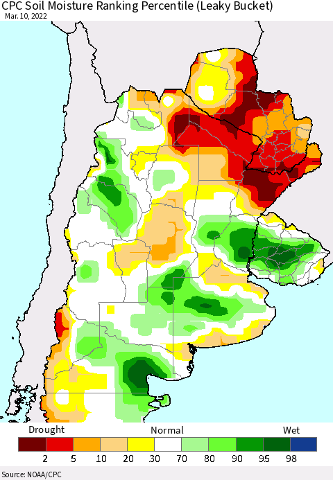 Southern South America CPC Soil Moisture Ranking Percentile Thematic Map For 3/6/2022 - 3/10/2022