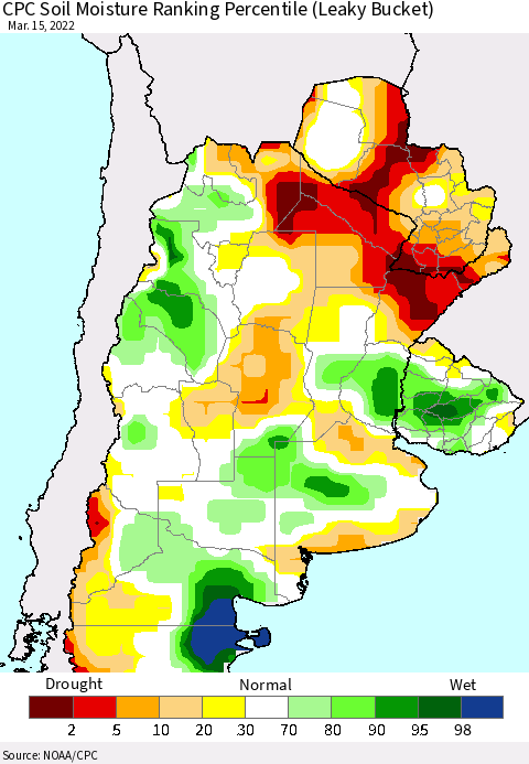 Southern South America CPC Soil Moisture Ranking Percentile (Leaky Bucket) Thematic Map For 3/11/2022 - 3/15/2022