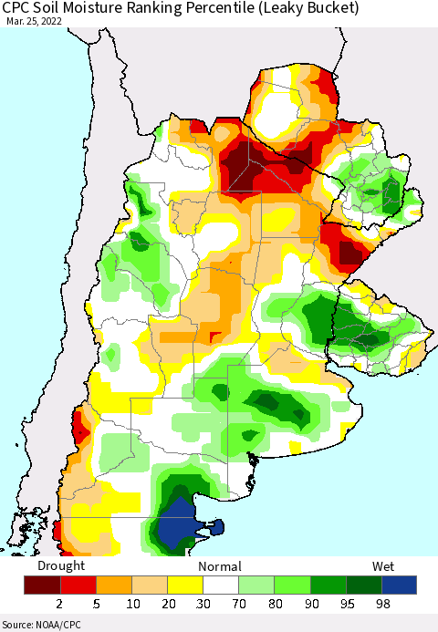Southern South America CPC Soil Moisture Ranking Percentile (Leaky Bucket) Thematic Map For 3/21/2022 - 3/25/2022