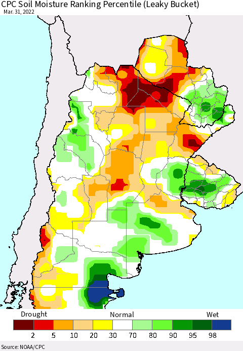 Southern South America CPC Soil Moisture Ranking Percentile Thematic Map For 3/26/2022 - 3/31/2022