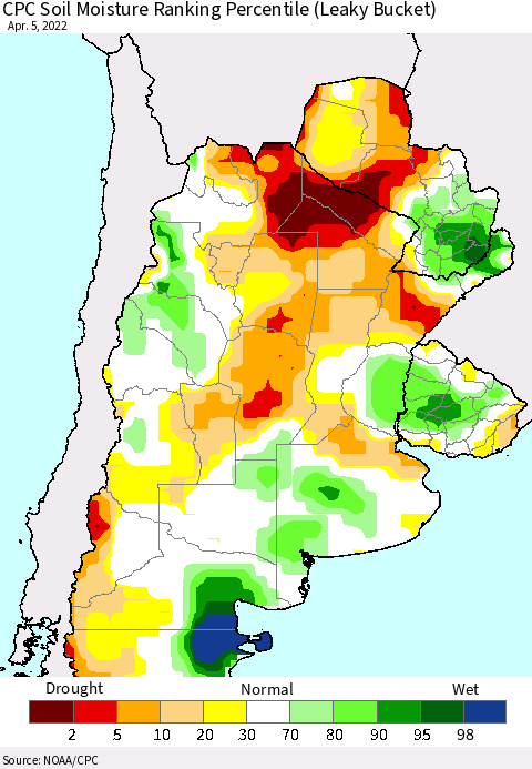 Southern South America CPC Soil Moisture Ranking Percentile Thematic Map For 4/1/2022 - 4/5/2022