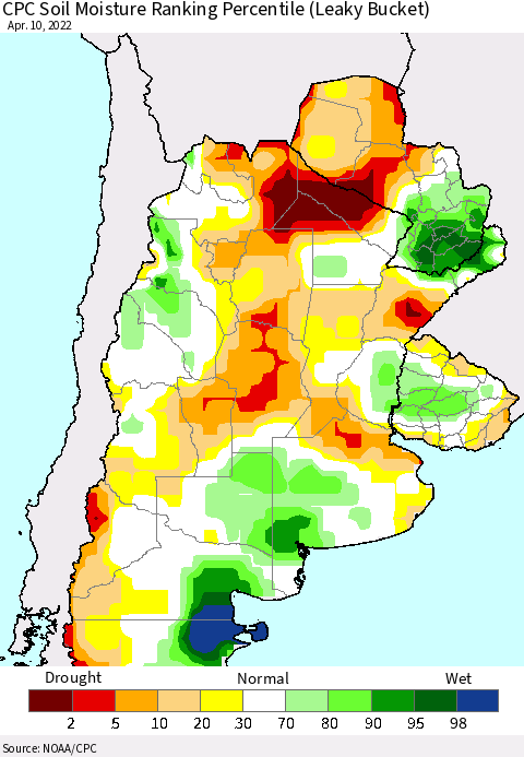 Southern South America CPC Soil Moisture Ranking Percentile (Leaky Bucket) Thematic Map For 4/6/2022 - 4/10/2022