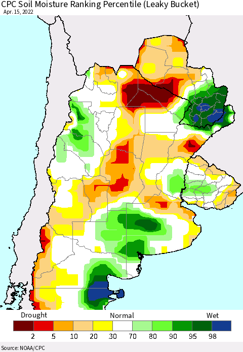 Southern South America CPC Soil Moisture Ranking Percentile Thematic Map For 4/11/2022 - 4/15/2022
