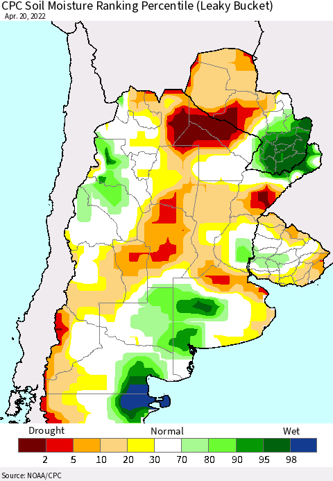 Southern South America CPC Soil Moisture Ranking Percentile Thematic Map For 4/16/2022 - 4/20/2022
