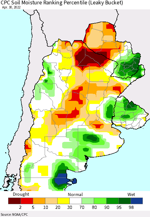 Southern South America CPC Soil Moisture Ranking Percentile Thematic Map For 4/26/2022 - 4/30/2022