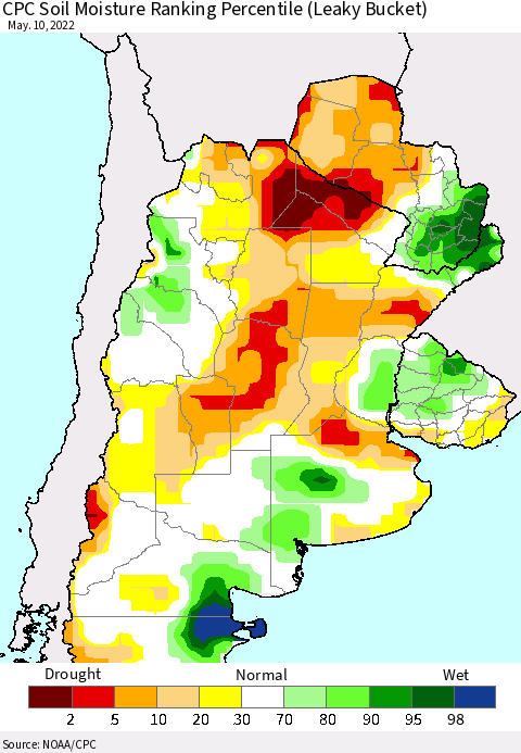 Southern South America CPC Soil Moisture Ranking Percentile (Leaky Bucket) Thematic Map For 5/6/2022 - 5/10/2022