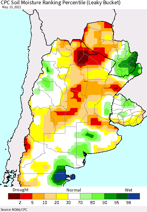 Southern South America CPC Soil Moisture Ranking Percentile Thematic Map For 5/11/2022 - 5/15/2022