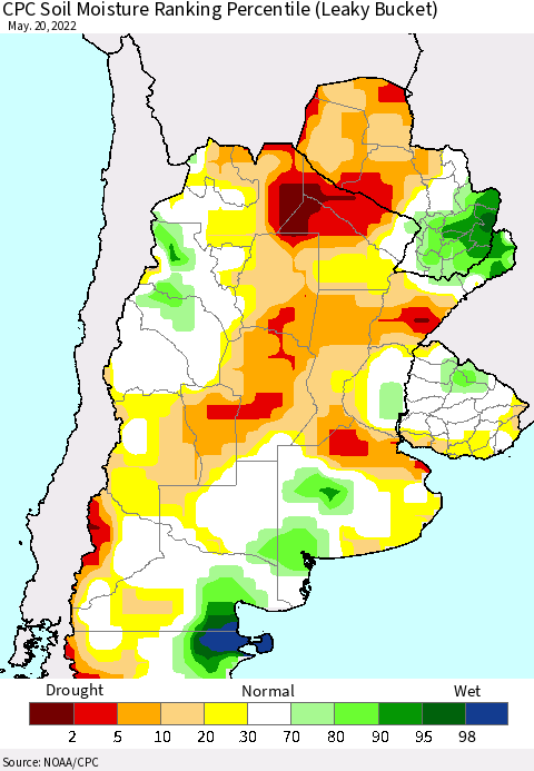 Southern South America CPC Soil Moisture Ranking Percentile Thematic Map For 5/16/2022 - 5/20/2022