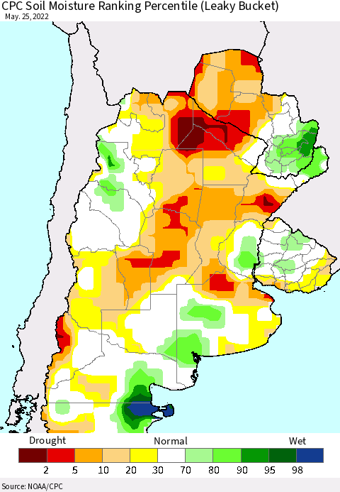 Southern South America CPC Soil Moisture Ranking Percentile Thematic Map For 5/21/2022 - 5/25/2022