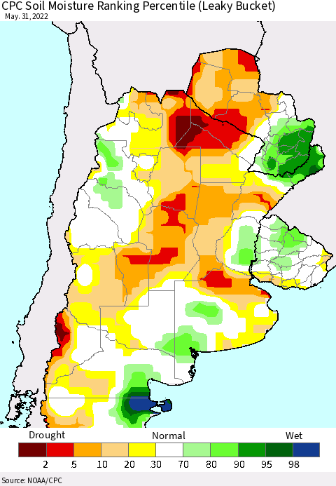 Southern South America CPC Soil Moisture Ranking Percentile Thematic Map For 5/26/2022 - 5/31/2022