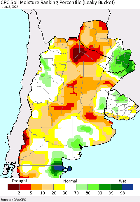 Southern South America CPC Soil Moisture Ranking Percentile Thematic Map For 6/1/2022 - 6/5/2022