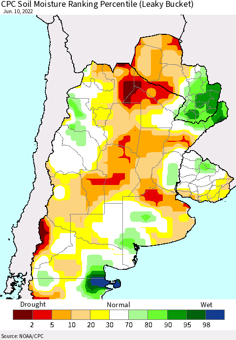 Southern South America CPC Soil Moisture Ranking Percentile Thematic Map For 6/6/2022 - 6/10/2022