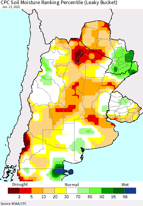 Southern South America CPC Soil Moisture Ranking Percentile (Leaky Bucket) Thematic Map For 6/11/2022 - 6/15/2022
