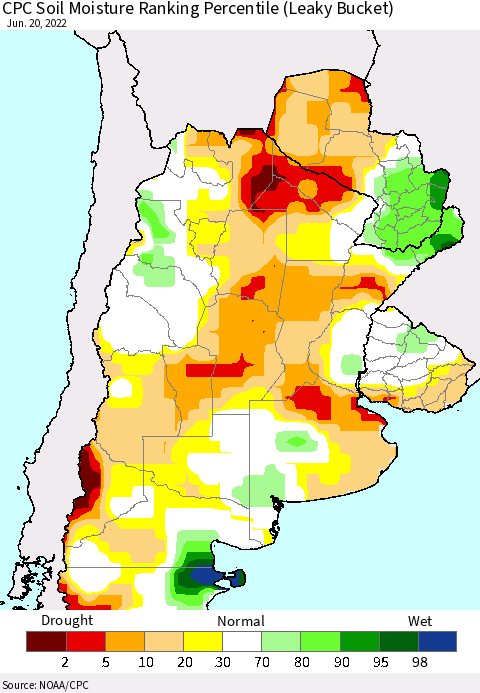 Southern South America CPC Soil Moisture Ranking Percentile Thematic Map For 6/16/2022 - 6/20/2022