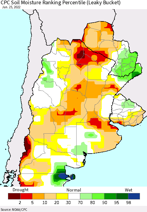 Southern South America CPC Soil Moisture Ranking Percentile Thematic Map For 6/21/2022 - 6/25/2022