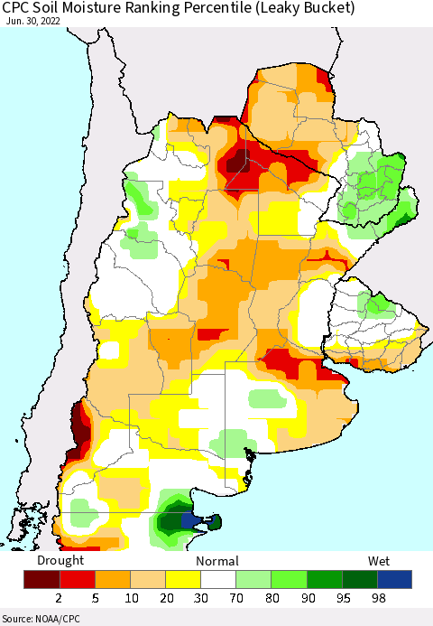 Southern South America CPC Soil Moisture Ranking Percentile (Leaky Bucket) Thematic Map For 6/26/2022 - 6/30/2022