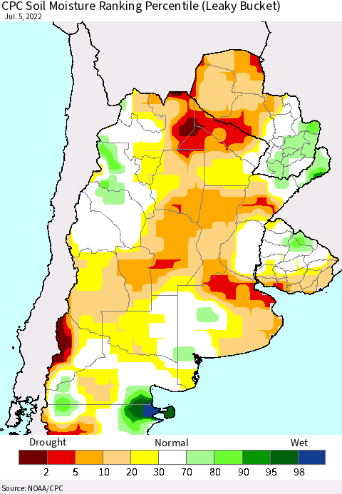 Southern South America CPC Soil Moisture Ranking Percentile (Leaky Bucket) Thematic Map For 7/1/2022 - 7/5/2022