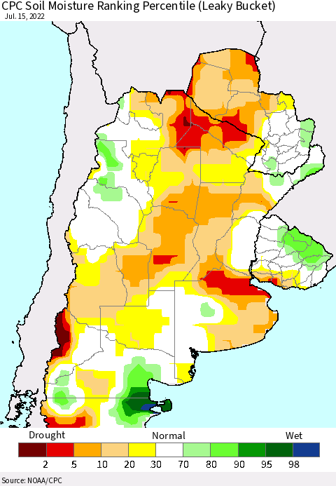 Southern South America CPC Soil Moisture Ranking Percentile (Leaky Bucket) Thematic Map For 7/11/2022 - 7/15/2022
