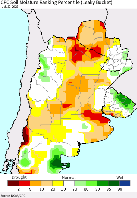 Southern South America CPC Soil Moisture Ranking Percentile (Leaky Bucket) Thematic Map For 7/16/2022 - 7/20/2022