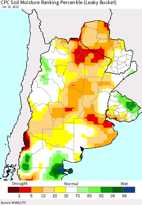 Southern South America CPC Soil Moisture Ranking Percentile (Leaky Bucket) Thematic Map For 7/21/2022 - 7/25/2022