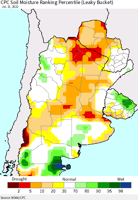 Southern South America CPC Soil Moisture Ranking Percentile (Leaky Bucket) Thematic Map For 7/26/2022 - 7/31/2022